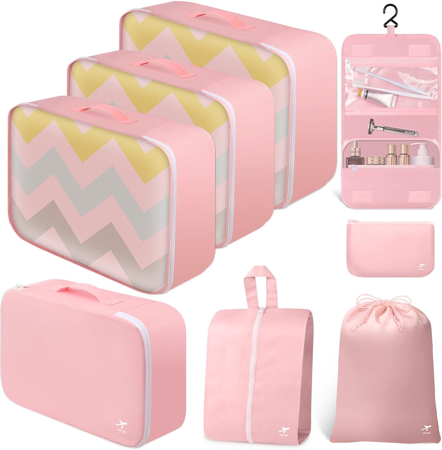 HOTOR Packing Cubes for Suitcases - 8 Pieces, Light Packing Cubes for Travel, Premium Suitcase Organizer Bags Set, Space-Saving Luggage Organizers for Suitcase, Water-Resistant Travel Essentials, Pink