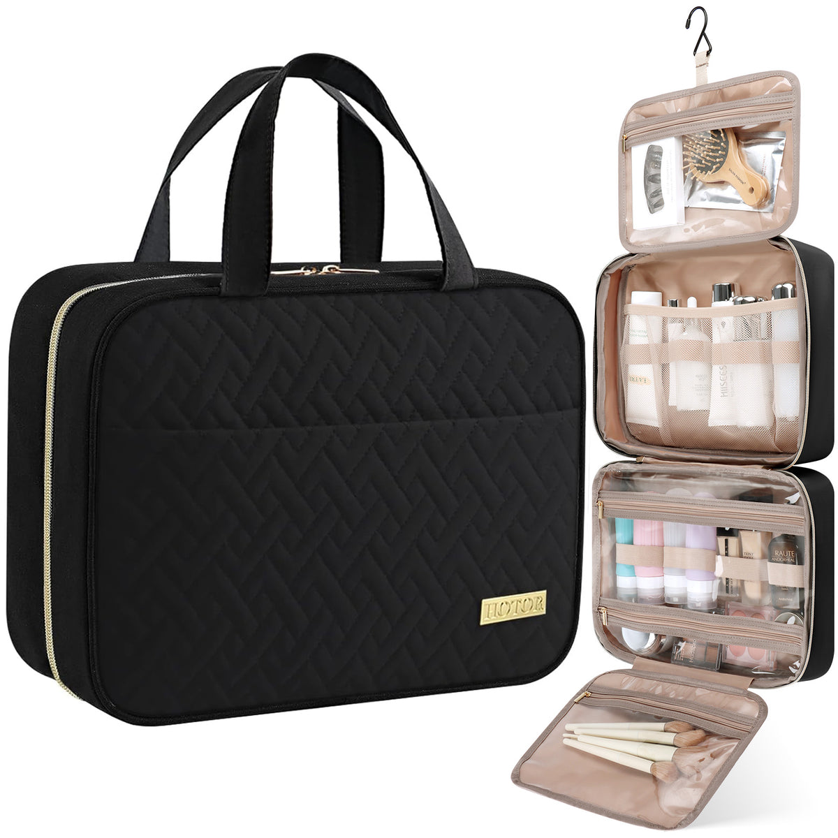 HOTOR Travel Toiletry Bag for Women & Men, Spacious Hanging Hook Makeup Bag for Travel Size Toiletries, Black