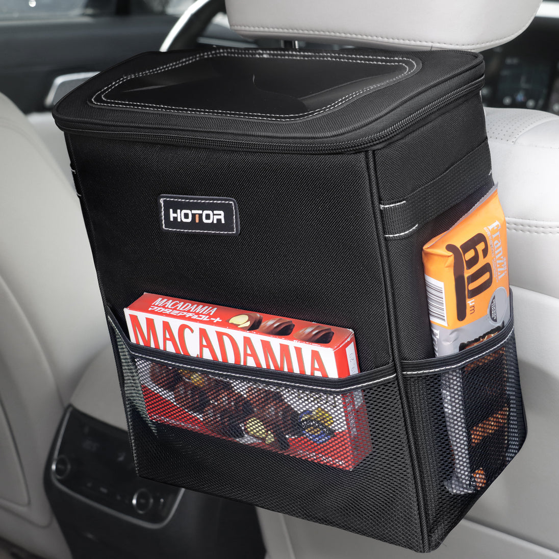 HOTOR Car Trash Can with Lid, Leak-Proof Car Garbage Can with Mesh Pockets, Car Accessories, 3 Gallons, Black