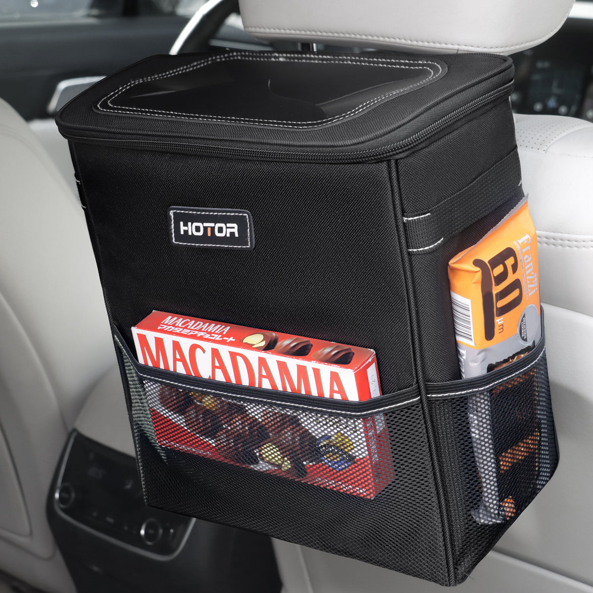 HOTOR Car Trash Can with Lid, Leak-Proof Car Garbage Can with Mesh Pockets, Car Accessories, 3 Gallons, Black