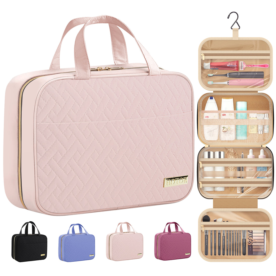 HOTOR Travel Toiletry Bag for Women & Men, Spacious Hanging Hook Makeup Bag for Travel Essentials, Large, Pale Pink