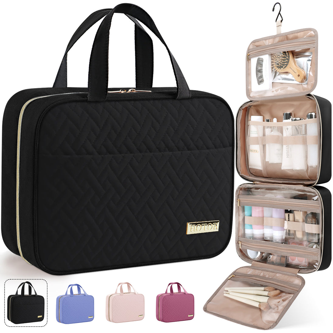 HOTOR Travel Toiletry Bag for Women & Men, Spacious Hanging Hook Makeup Bag for Travel Essentials, Large, Black