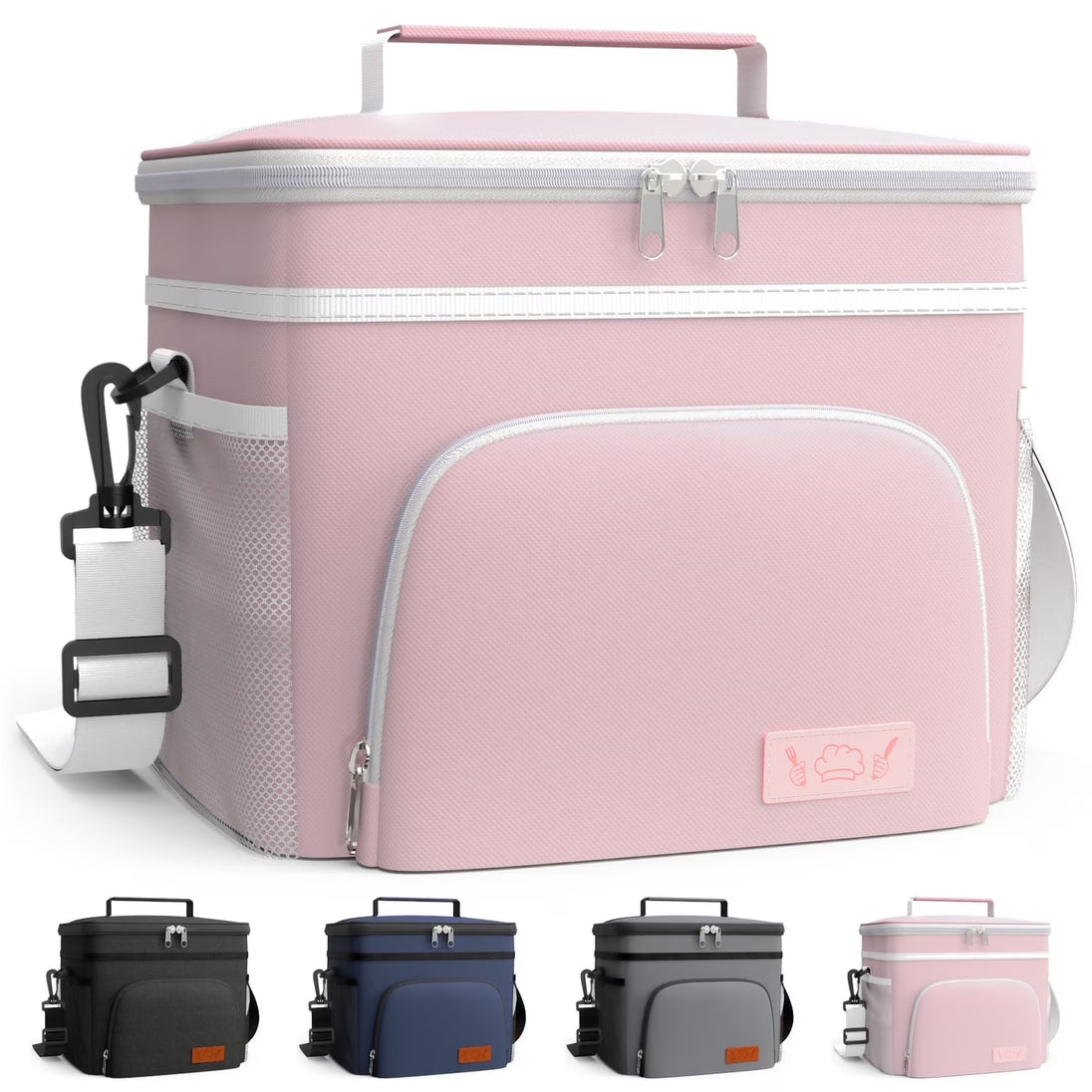 HOTOR Insulated Lunch Box for Men and Women, Portable Soft Cooler Bag with 4 Pockets, Adjustable Shoulder Strap, Light Pink