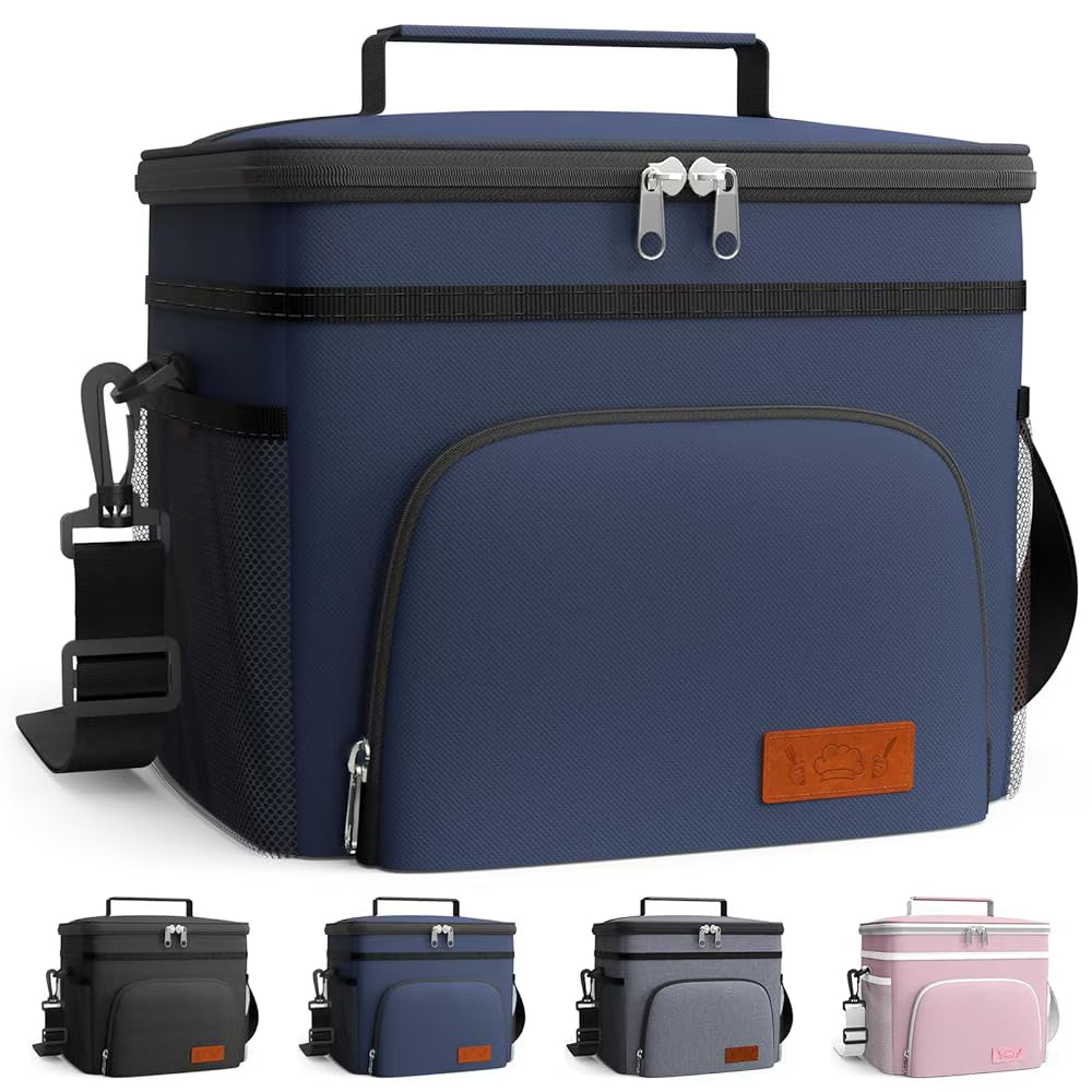 HOTOR Insulated Lunch Box for Men and Women, Portable Soft Cooler Bag with 4 Pockets, Adjustable Shoulder Strap, Large, Navy Blue