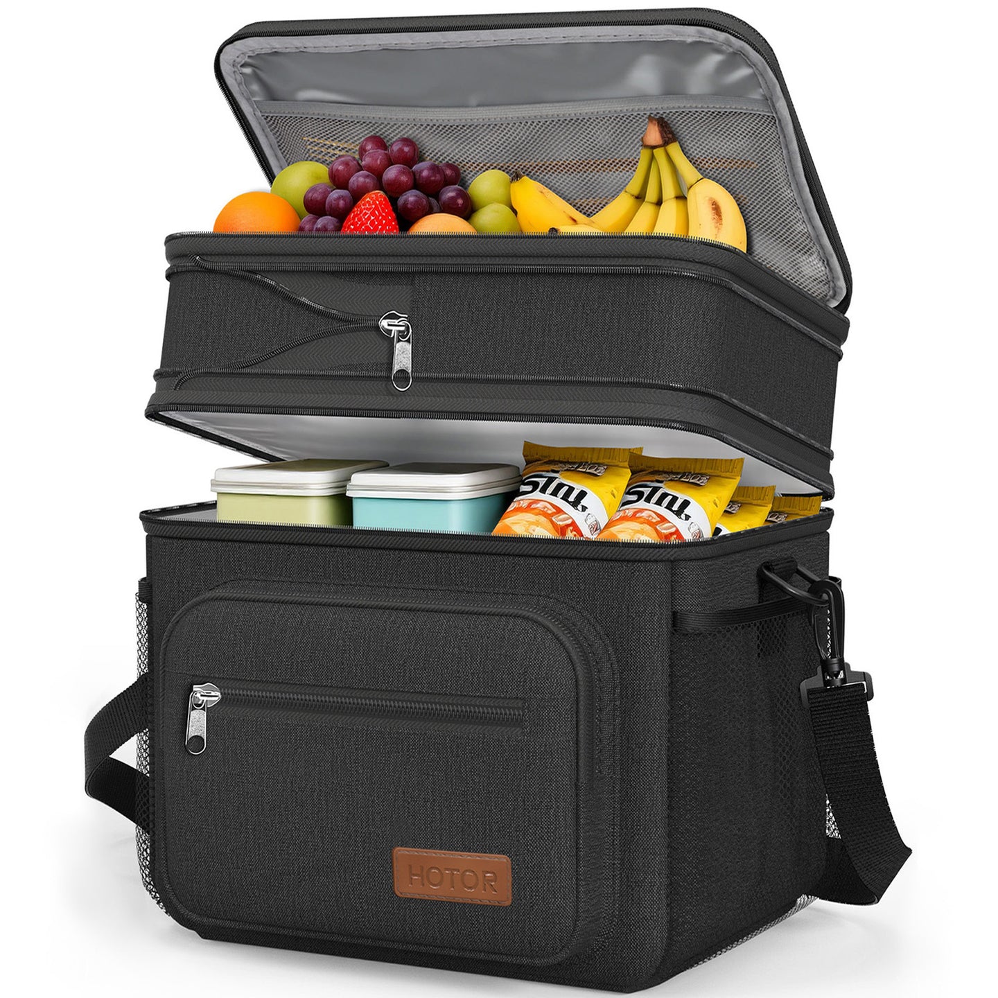 HOTOR Double-Layer Insulated Lunch Box for Men & Women, Leakproof Cooler for Work, Travel & Picnic, 11.1" x 9.7" x 6.7", Black