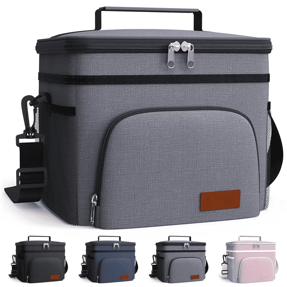 HOTOR Insulated Lunch Box for Men and Women, Portable Soft Cooler Bag with 4 Pockets, Adjustable Shoulder Strap, Light Gray