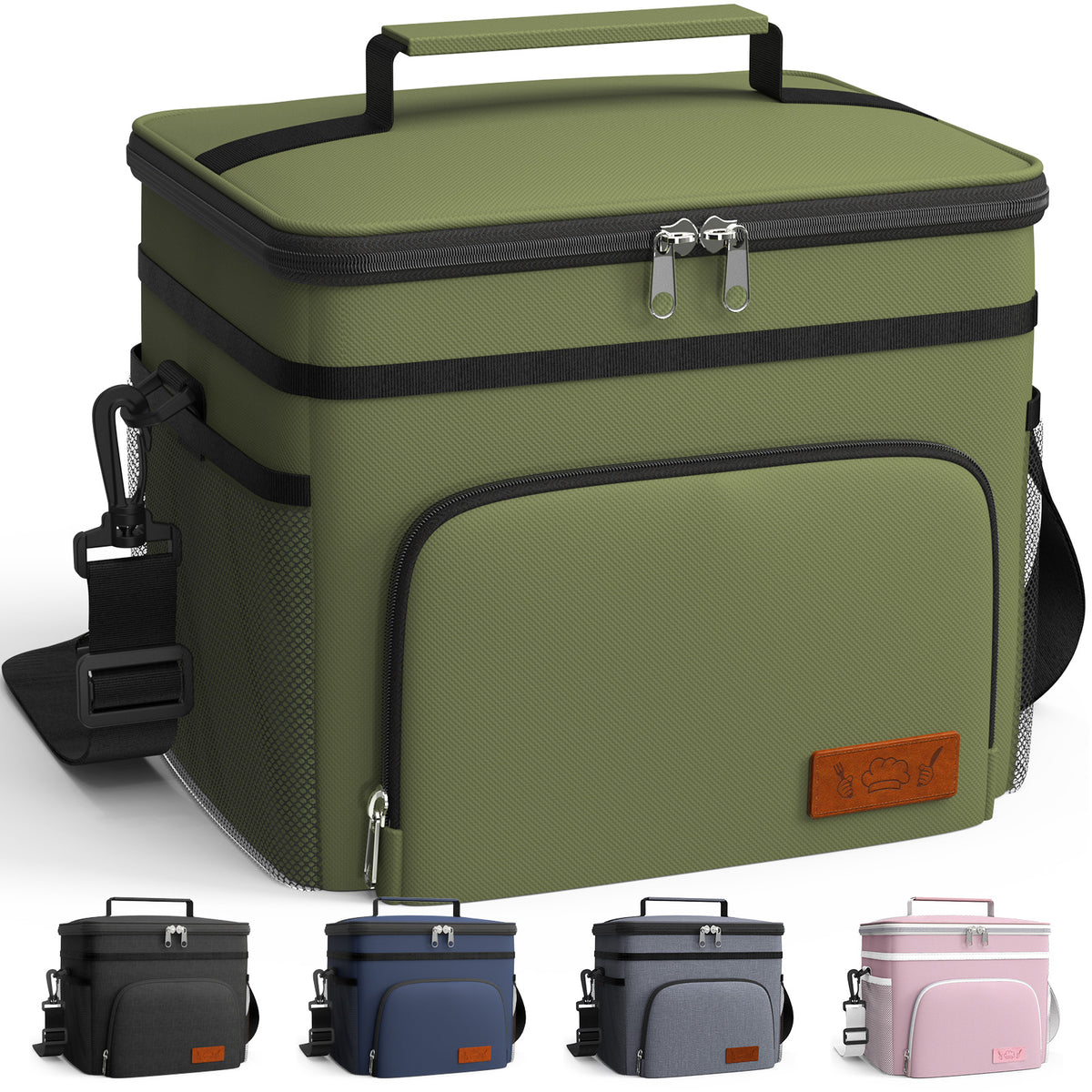 HOTOR Insulated Lunch Box for Men and Women, Portable Soft Cooler Bag with 4 Pockets, Adjustable Shoulder Strap, Cationic Green