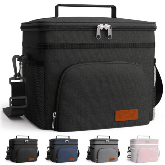 HOTOR Insulated Lunch Box for Men and Women, Portable Soft Cooler Bag with 4 Pockets, Adjustable Shoulder Strap, Large, Black