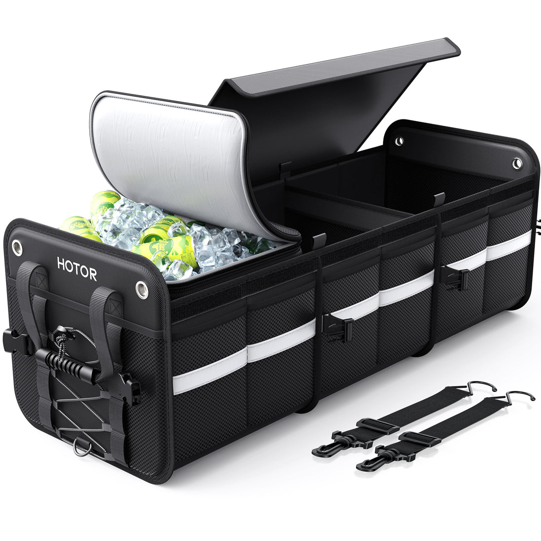 HOTOR Trunk Organizer, 3-Compartment Collapsible Car Organizer and Storage Solution with Cooler Bag, Portable Car Trunk Organizer for SUV, Truck, Sedan, 33.1" x 13" x 11.8", Black
