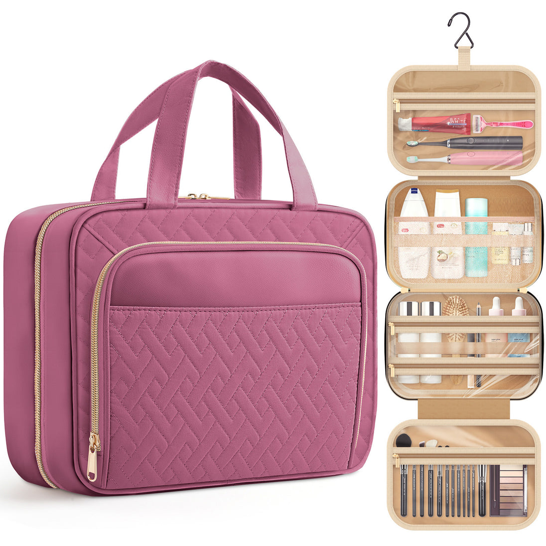 HOTOR Toiletry Bag, Waterproof Hanging Organizer for Travel Size Toiletries, Makeup & Cosmetic Bag for Women & Men, 11.0'' x 3.2'' x 8.9'', Rosewood-Pink