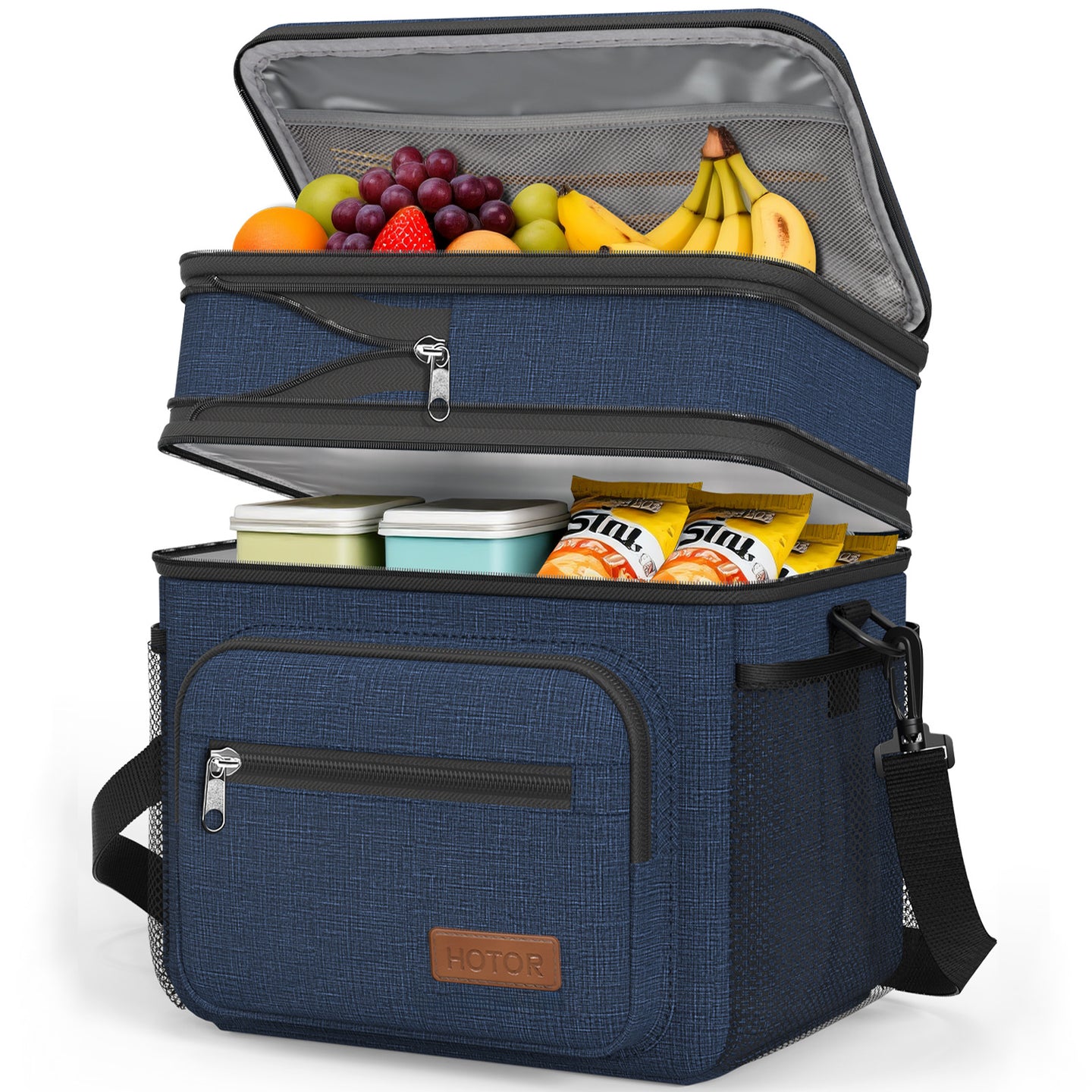 HOTOR Double-Layer Insulated Lunch Box for Men & Women, Leakproof Cooler for Work, Travel & Picnic, 11.1" x 9.7" x 6.7", Dark Blue