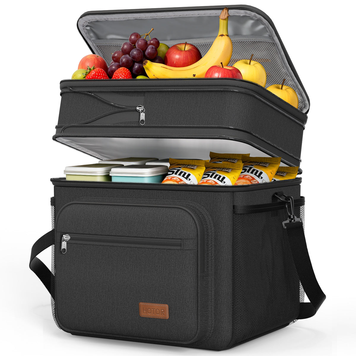 HOTOR Double-Layer Insulated Lunch Box for Men & Women, Leakproof Cooler for Work, Travel & Picnic, 11.8" x 10.6" x 13.4", Black