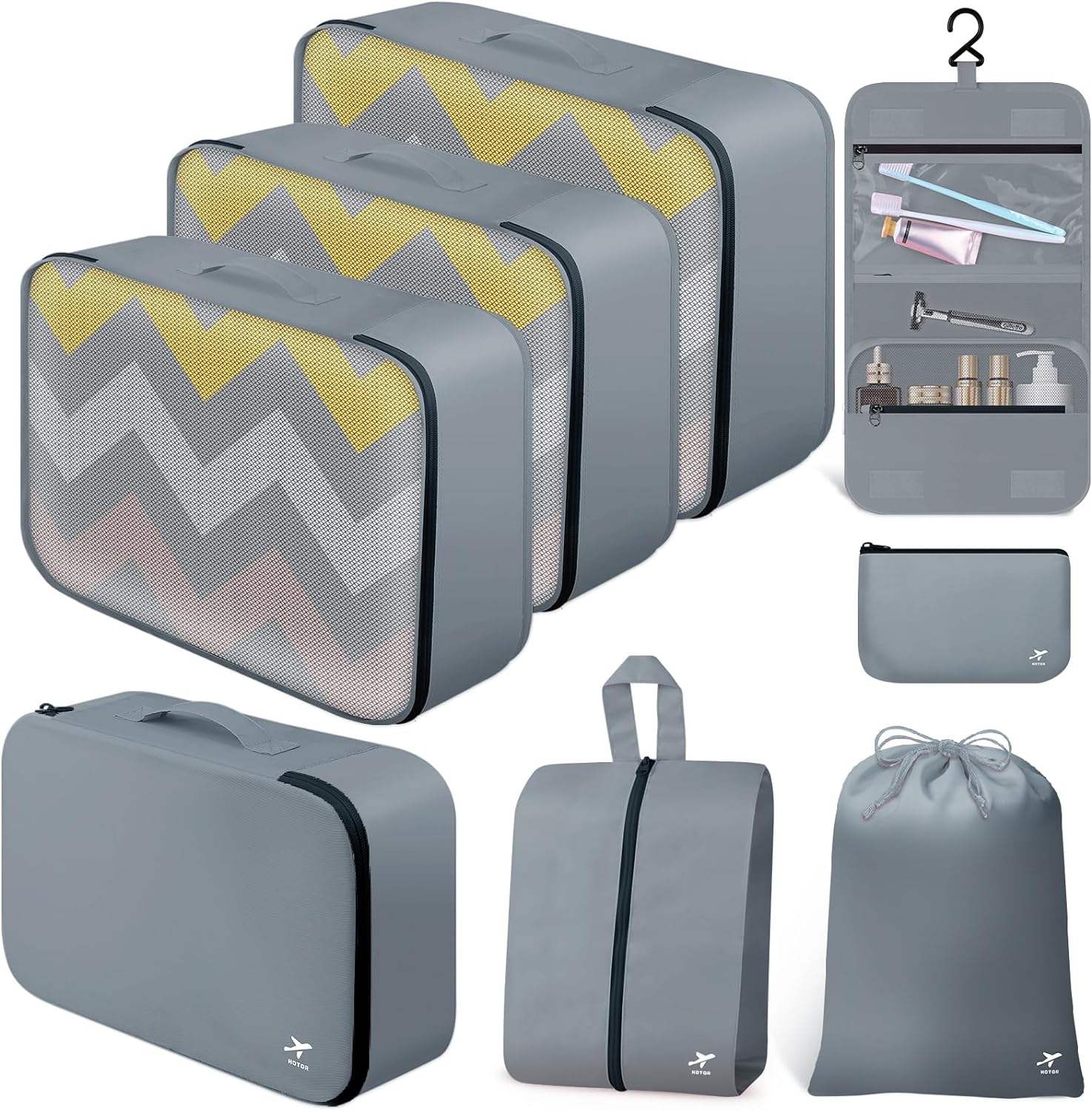 HOTOR Packing Cubes for Suitcases - 8 Pieces, Light Packing Cubes for Travel, Premium Suitcase Organizer Bags Set, Space-Saving Luggage Organizers for Suitcase, Water-Resistant Travel Essentials, Grey