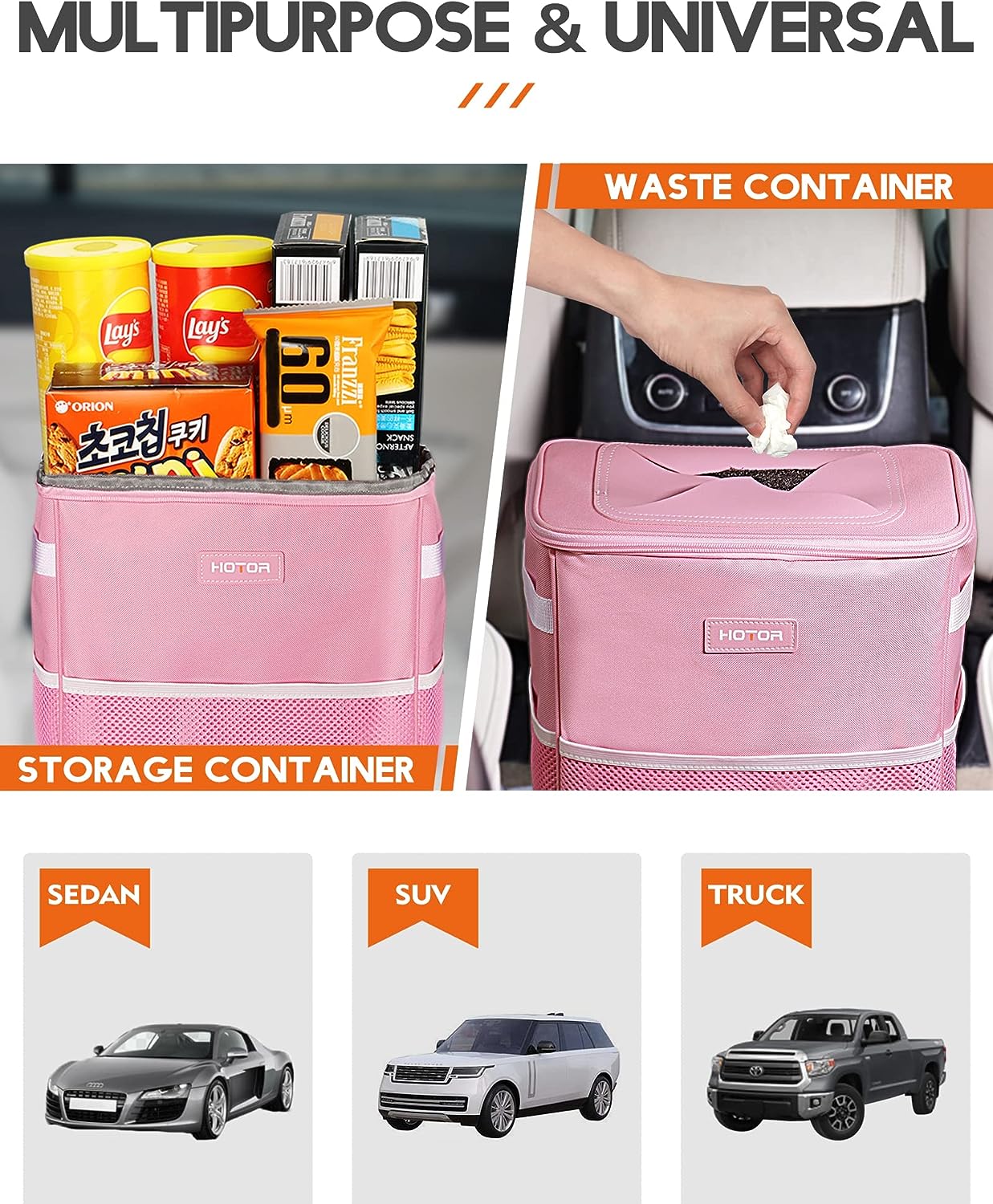 HOTOR Car Trash Can, 3-Gallon Ultra-Large Car Garbage Can, 100% Leakproof & Waterproof Trash Can for Car, Multipurpose Car Trash Bin with Adjustable Straps, Magnetic Buckles, Mesh Pockets (Pink)