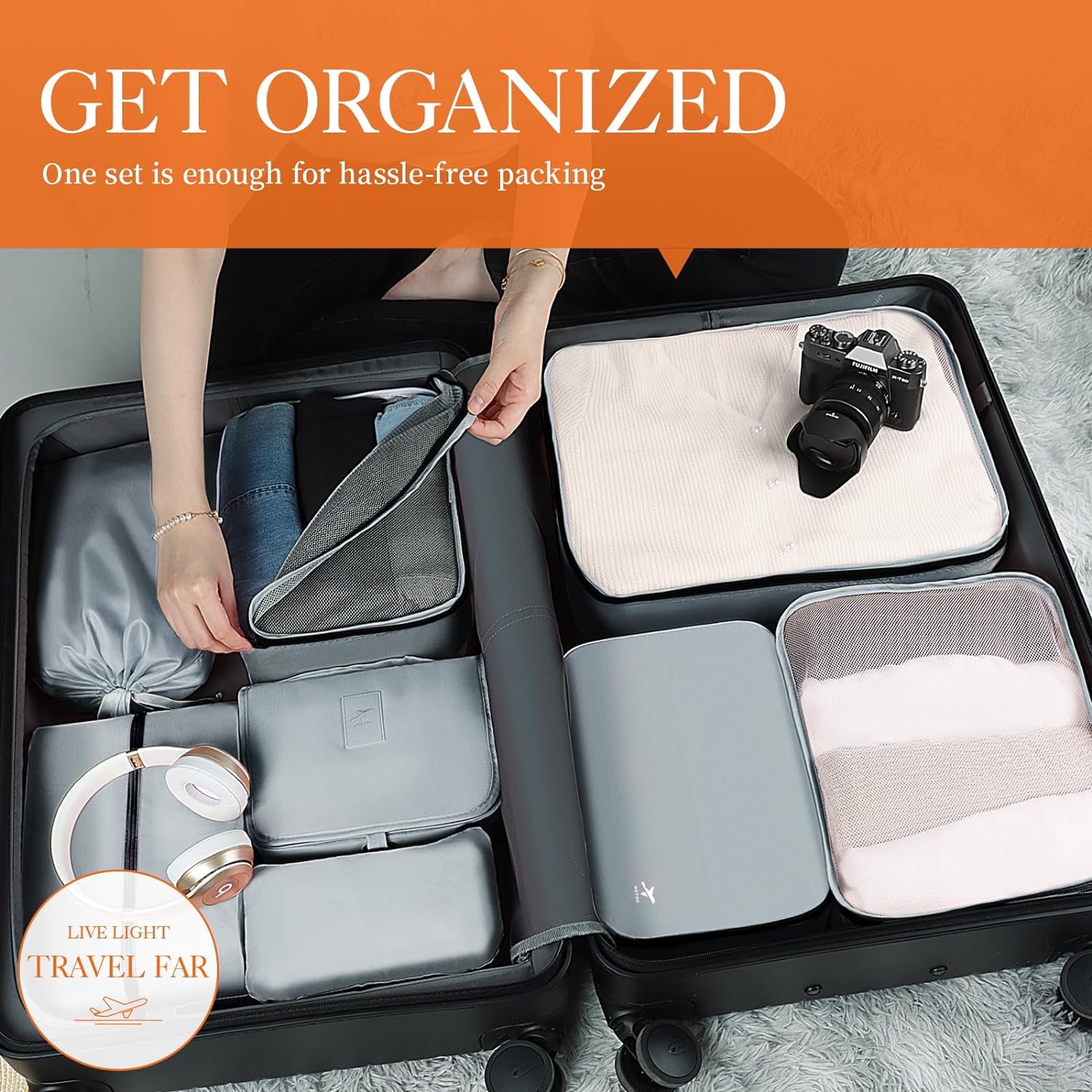 HOTOR Packing Cubes for Suitcases - 8 Pieces, Light Packing Cubes for Travel, Premium Suitcase Organizer Bags Set, Space-Saving Luggage Organizers for Suitcase, Water-Resistant Travel Essentials, Grey