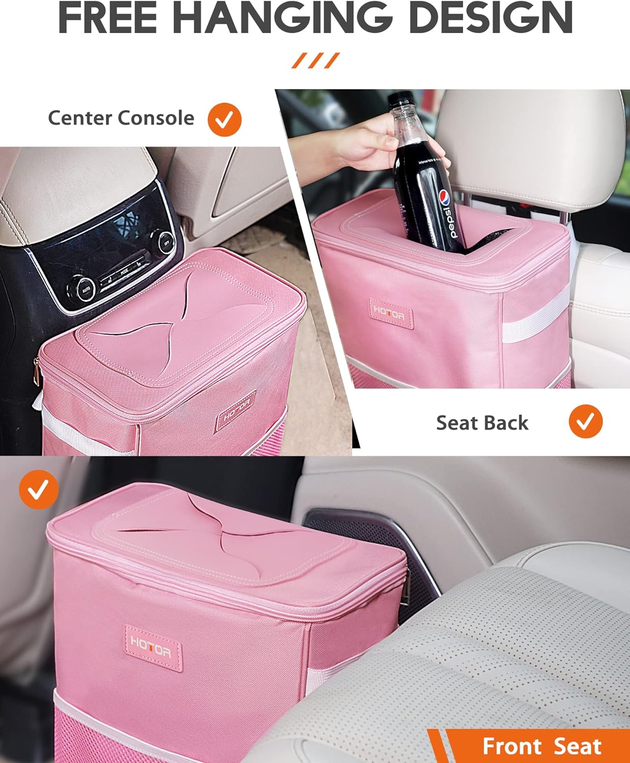 HOTOR Car Trash Can, 3-Gallon Ultra-Large Car Garbage Can, 100% Leakproof & Waterproof Trash Can for Car, Multipurpose Car Trash Bin with Adjustable Straps, Magnetic Buckles, Mesh Pockets (Pink)