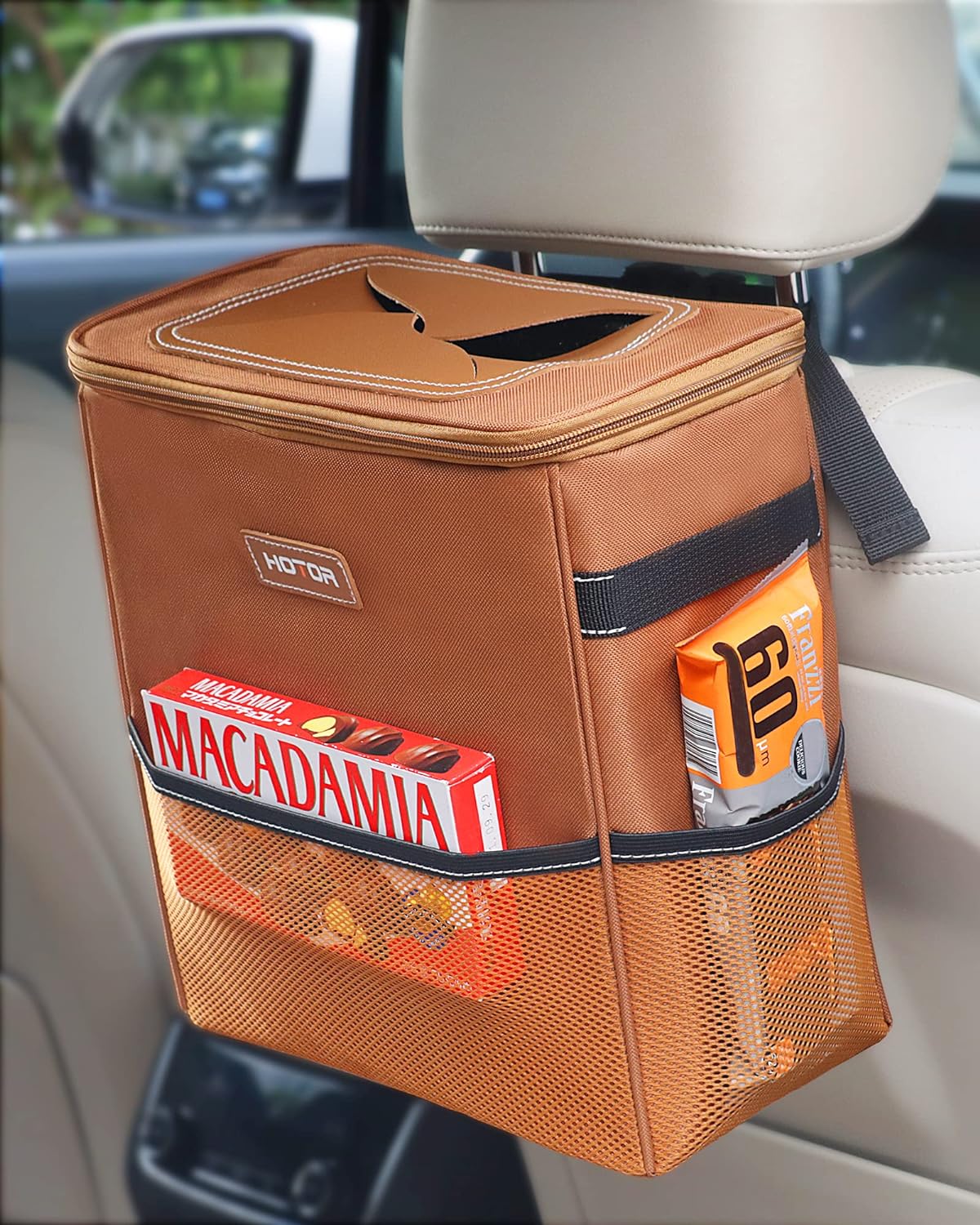 HOTOR Car Trash Can, 3-Gallon Ultra-Large Car Garbage Can, 100% Leakproof & Waterproof Trash Can for Car, Multipurpose Car Trash Bin with Adjustable Straps, Magnetic Buckles, Mesh Pockets (Brown)