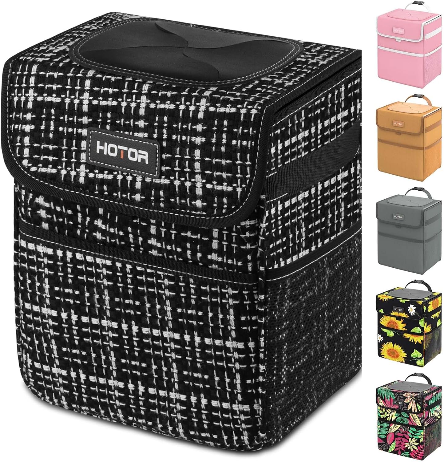 HOTOR Car Trash Can with Lid, Brown Car Trash Bag Hanging with Storage Pockets, 100% Leak-Proof Car Garbage Can with Adjustable Straps, Magnetic Snaps, Waterproof Car Garbage Bin for Interior Car