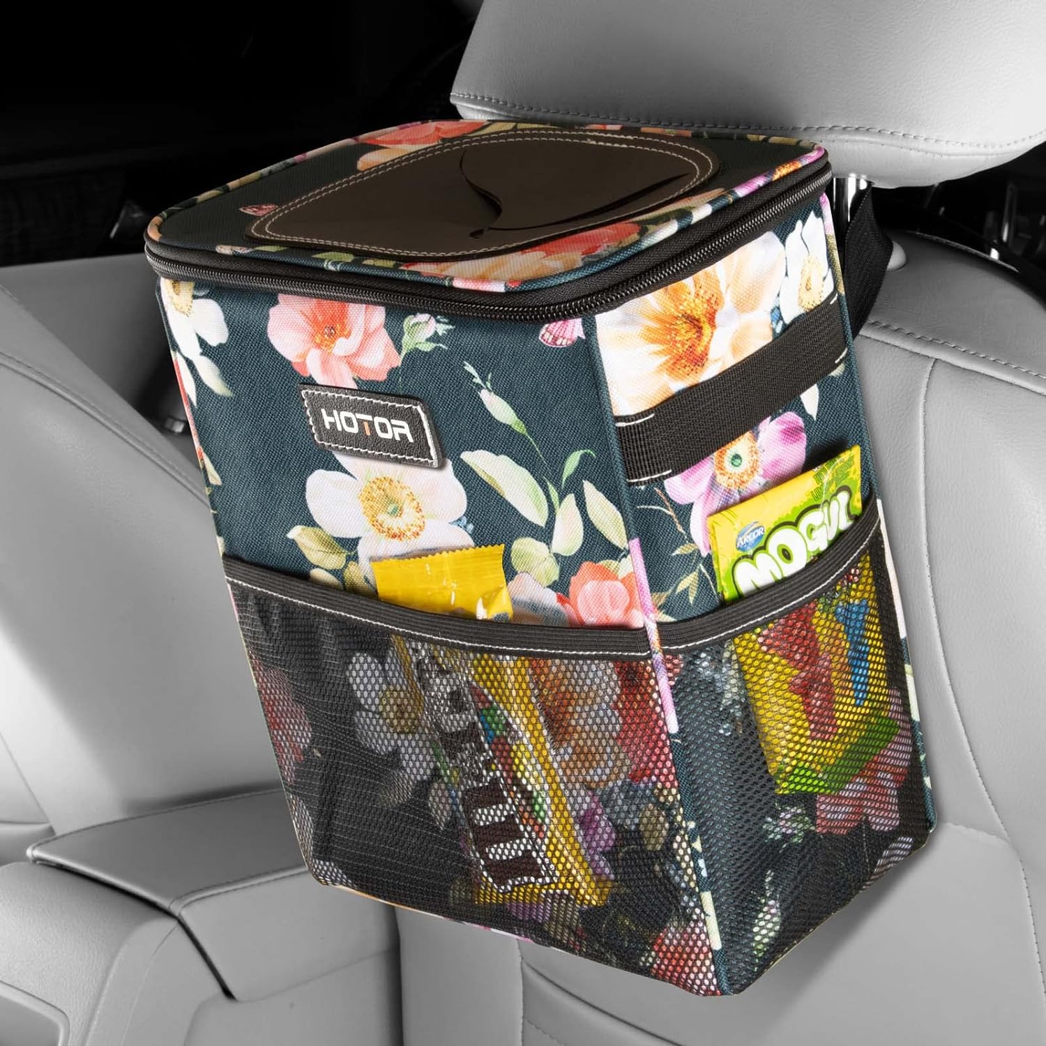HOTOR Car Trash Can - Multifunctional Car Accessory for Interior Stuff with Compact Design, Waterproof Organizer and Storage with Adjustable Straps, Magnetic Snaps (Light Gray)