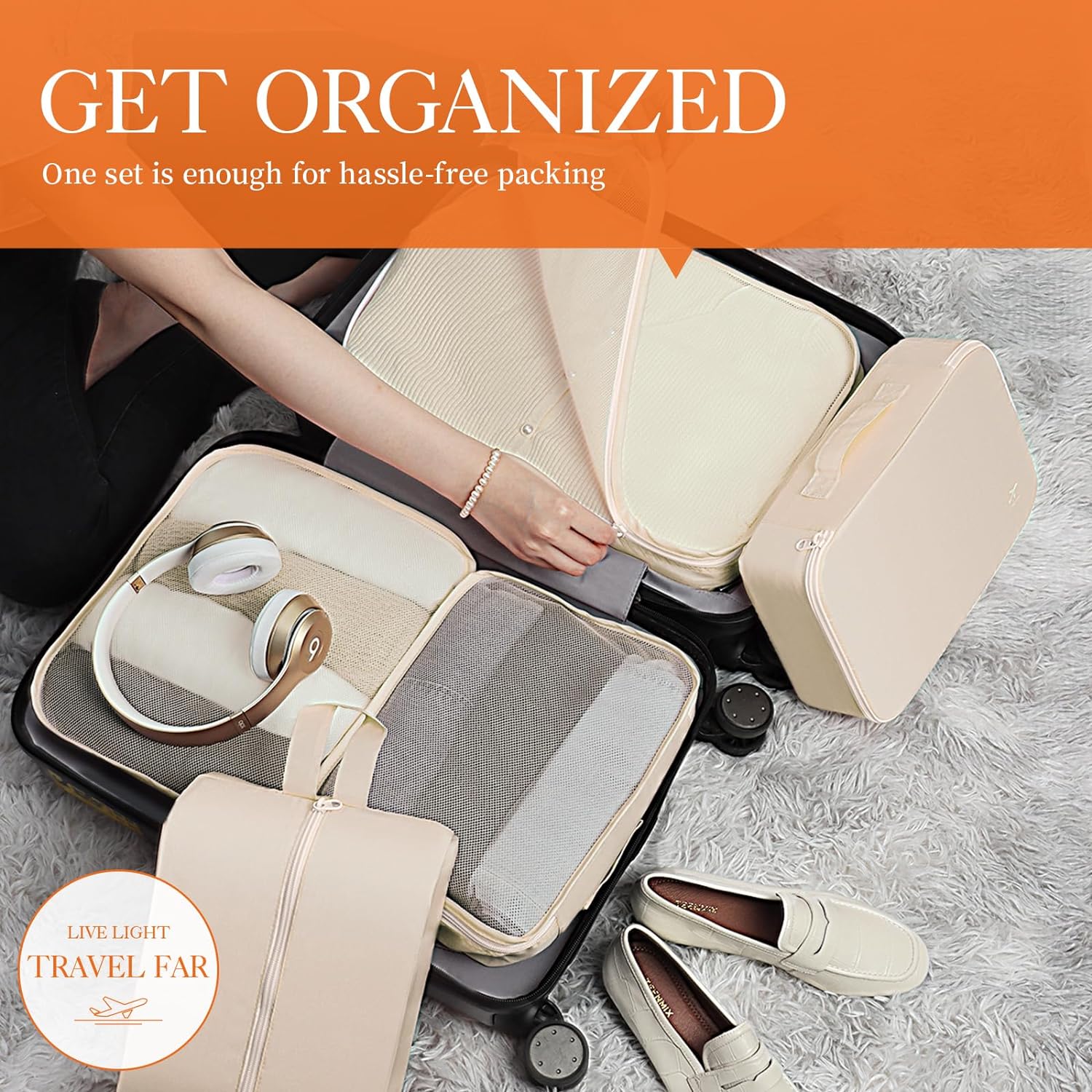 HOTOR Packing Cubes for Suitcases - 6 Pieces, Light Packing Cubes for Travel, Premium Suitcase Organizer Bags Set, Space-Saving Luggage Organizers for Suitcase, Water-Resistant Travel Essentials,Beige