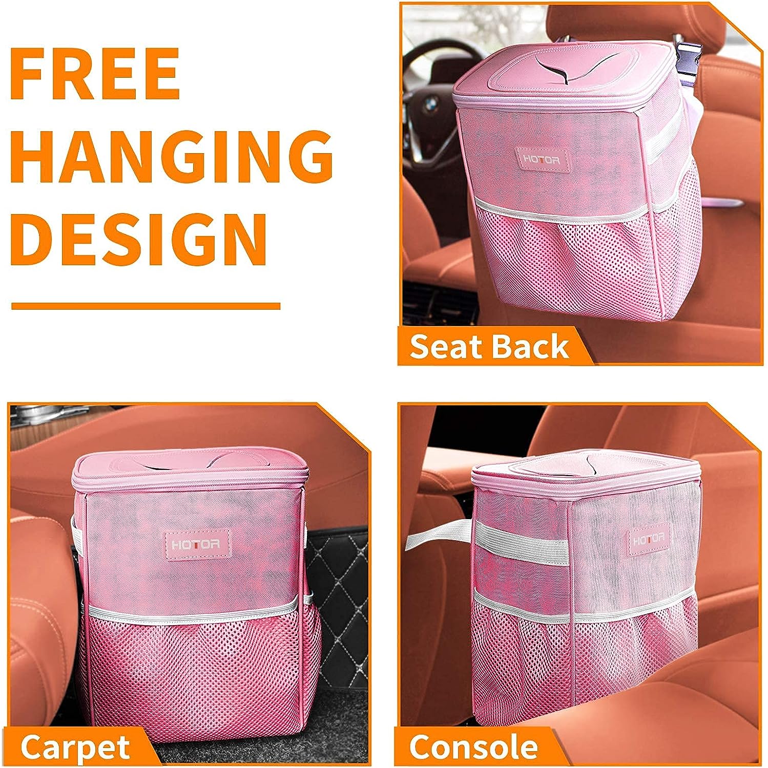 HOTOR Car Trash Can with Lid and Storage Pockets, 100% Leak-Proof Car Organizer, Waterproof Car Garbage Can, Multipurpose Trash Bin for Car - Pink