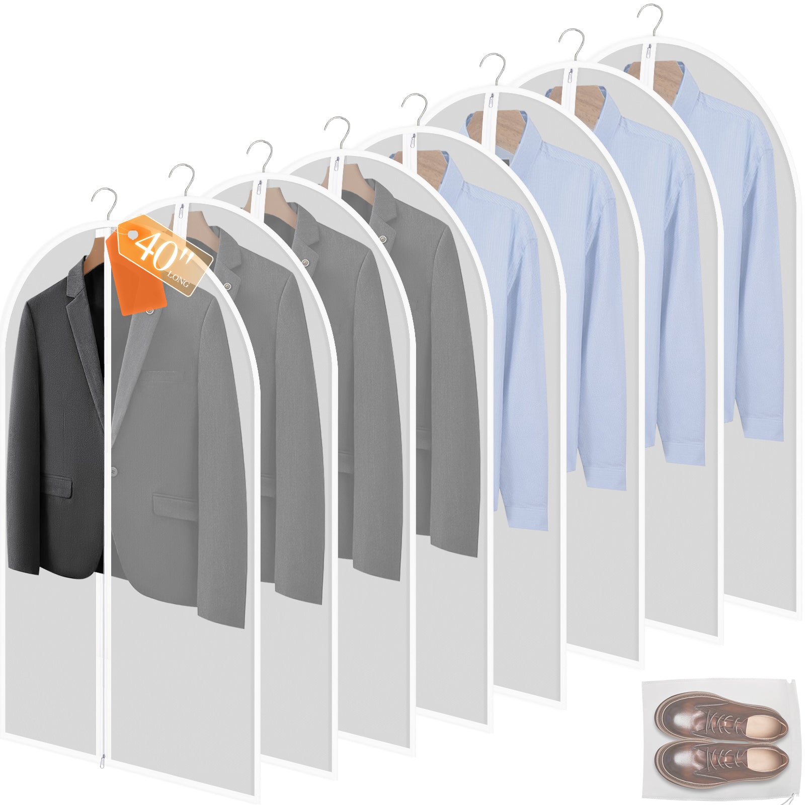HOTOR Garment Bags - 40'' Garment Bags for Storage, 8-Pack Premium Garment Bags for Hanging Clothes, Dust-Proof Clothes Organizer for Shirts, Coats, Pants, Dresses Storage, Waterproof Garment Covers