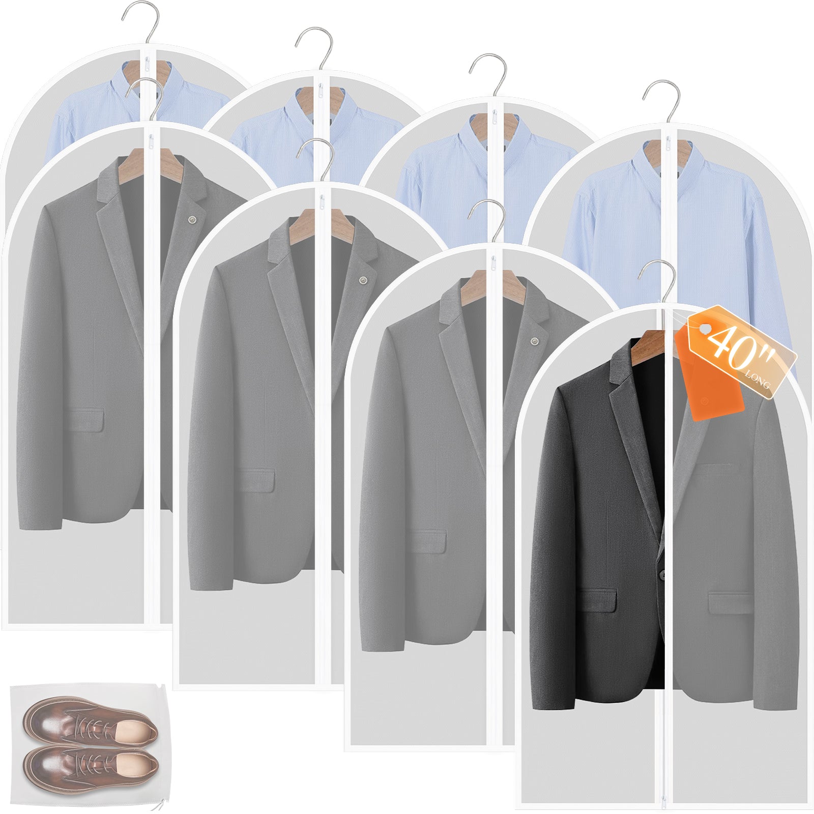 HOTOR Garment Bags - 40'' Garment Bags for Storage, 8-Pack Premium Garment Bags for Hanging Clothes, Dust-Proof Clothes Organizer for Shirts, Coats, Pants, Dresses Storage, Waterproof Garment Covers