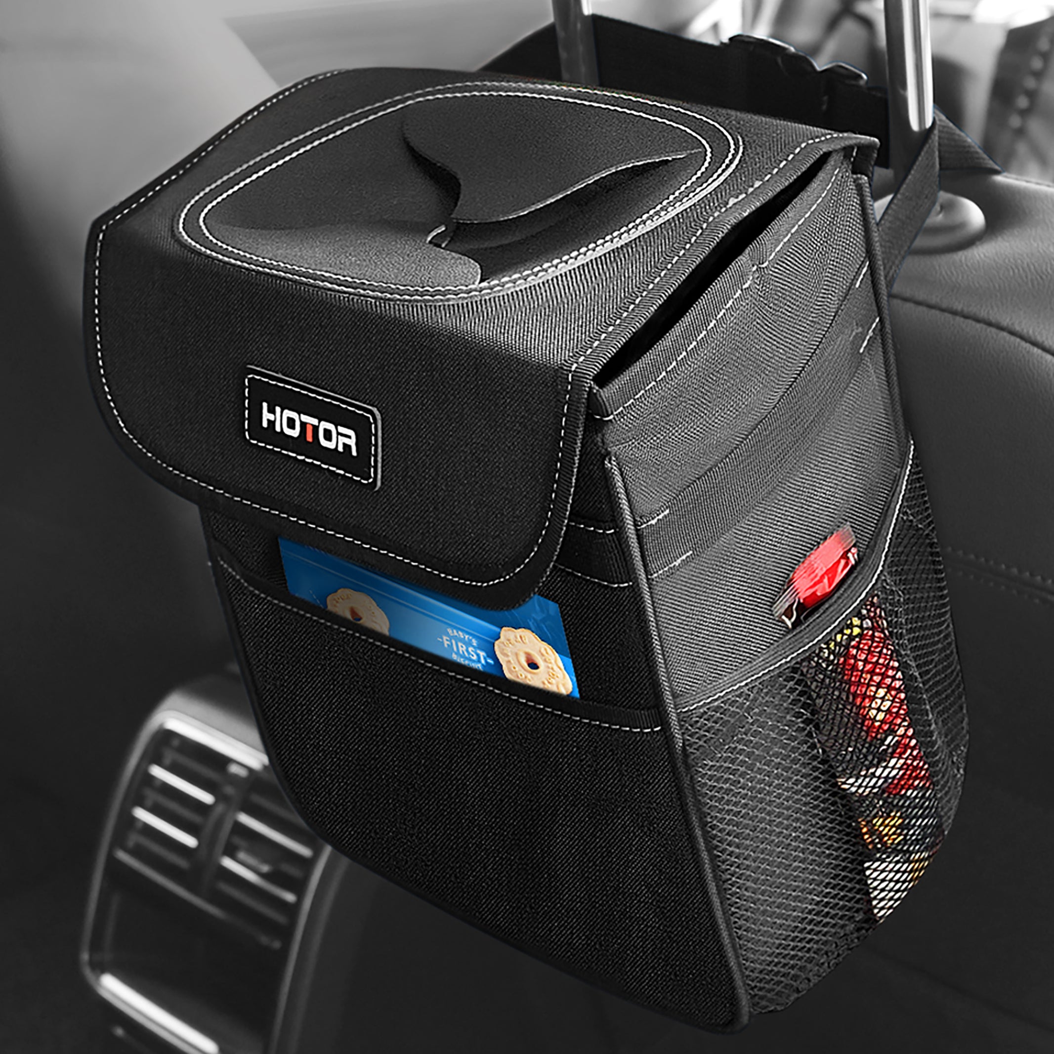 HOTOR Car Trash Can with Lid and Storage Pockets - 100% Leak-Proof  Organizer, Waterproof Garbage Can, Multipurpose Trash Bin for Car, 2  Gallons, Black